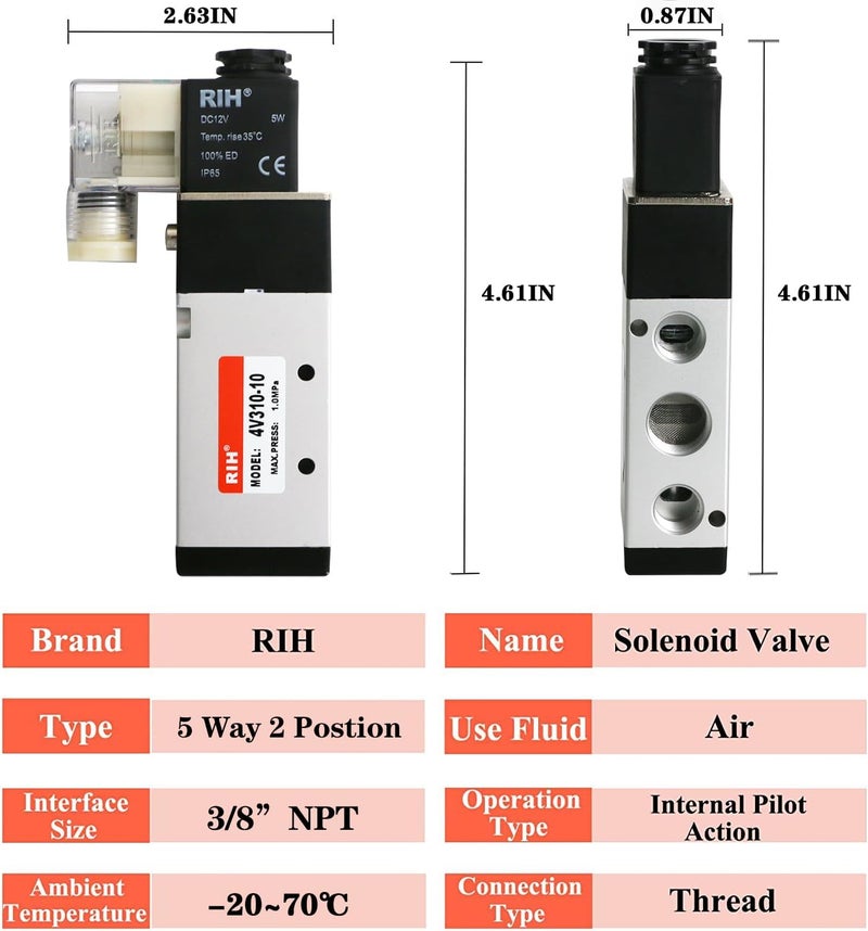RH Pneumatics Solenoid Valve 4V310-10 12V/24V/110V Series Single Coil Pilot-Operated Electric 2 Position 5 Way Connection Type (DC12V/Junction Box, 3/8"NPT) - Image 2